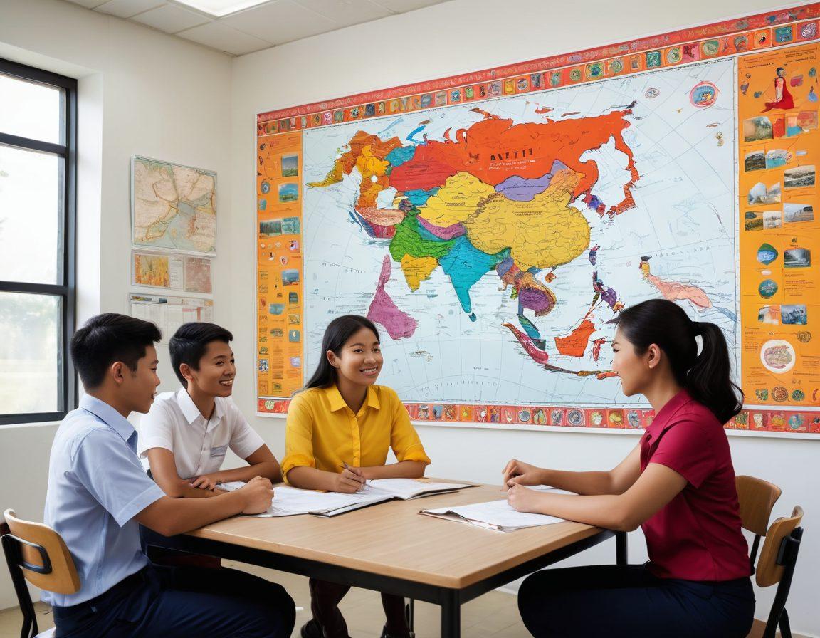 A vibrant classroom scene depicting a diverse group of students from various Southeast Asian cultures, engaged in an interactive sexual education lesson. The backdrop includes colorful cultural symbols and maps of Southeast Asia, showcasing unity in diversity. Include visual aids like posters with consent, safety, and health tips, while emphasizing a respectful and open atmosphere. super-realistic. vibrant colors. white background.