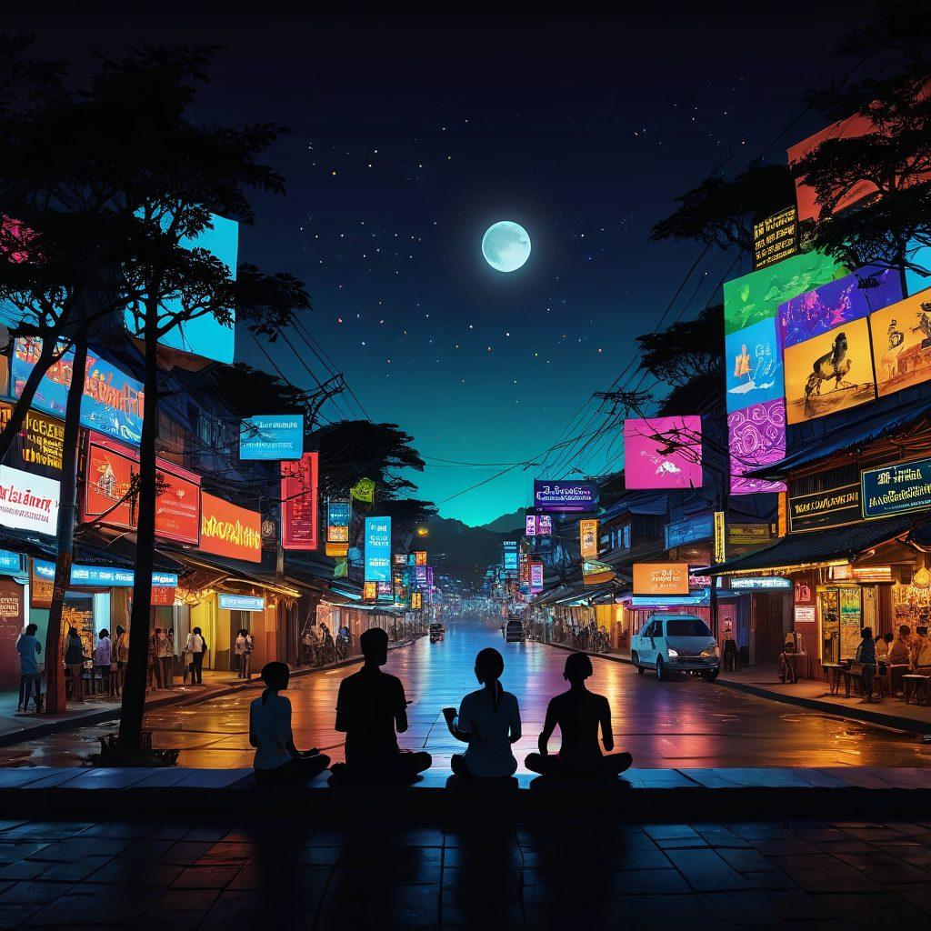 A vibrant digital landscape depicting various online platforms like websites and apps showcasing adult entertainment, intertwined with cultural symbols of Myanmar. Include visual elements representing storytelling, such as animated narratives and glowing texts. Capture a sense of community engagement, with silhouettes of diverse adults interacting digitally. Bright colors contrasting with a sleek dark background to emphasize the digital aspect. super-realistic. vibrant colors. 3D.