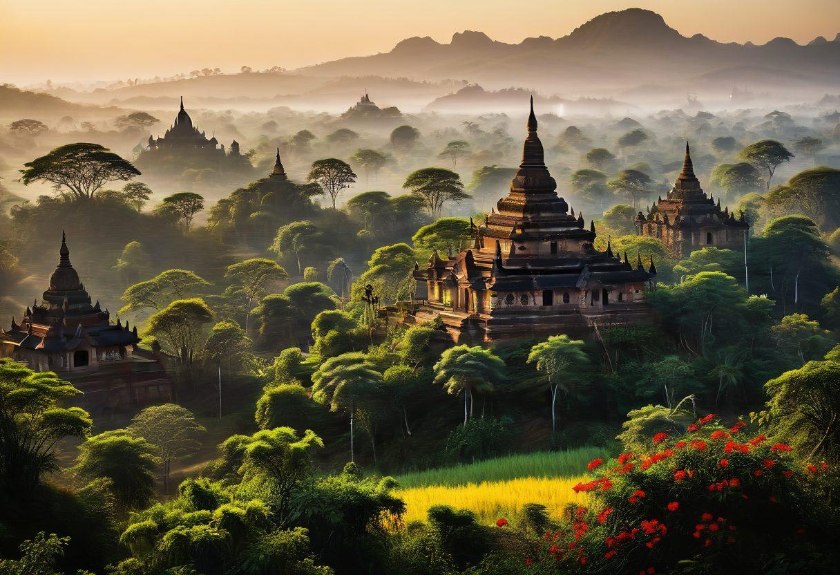 A serene landscape showcasing the lush greenery of Myanmar, with traditional elements like pagodas and local flora intertwined. Include silhouettes of diverse individuals engaged in open, honest discussions, symbolizing sexual wellness and cultural nuances. Highlight warm colors to evoke a welcoming atmosphere. Incorporate subtle textures that reflect the rich heritage of Myanmar. vibrant colors. painting.